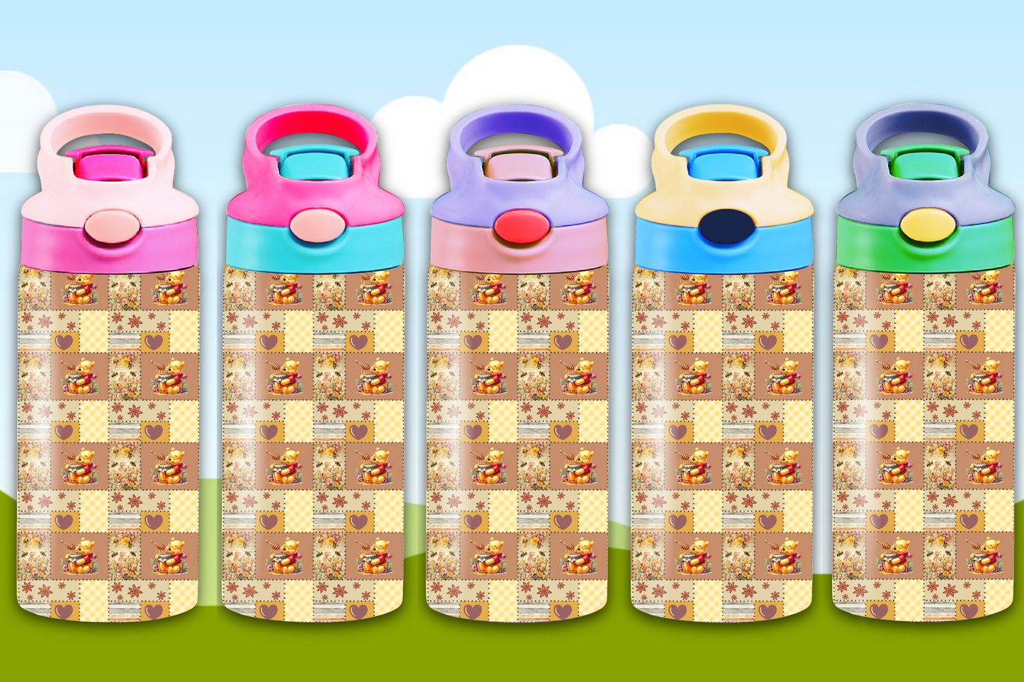 BROWN PLAID POOH WATER BOTTLE