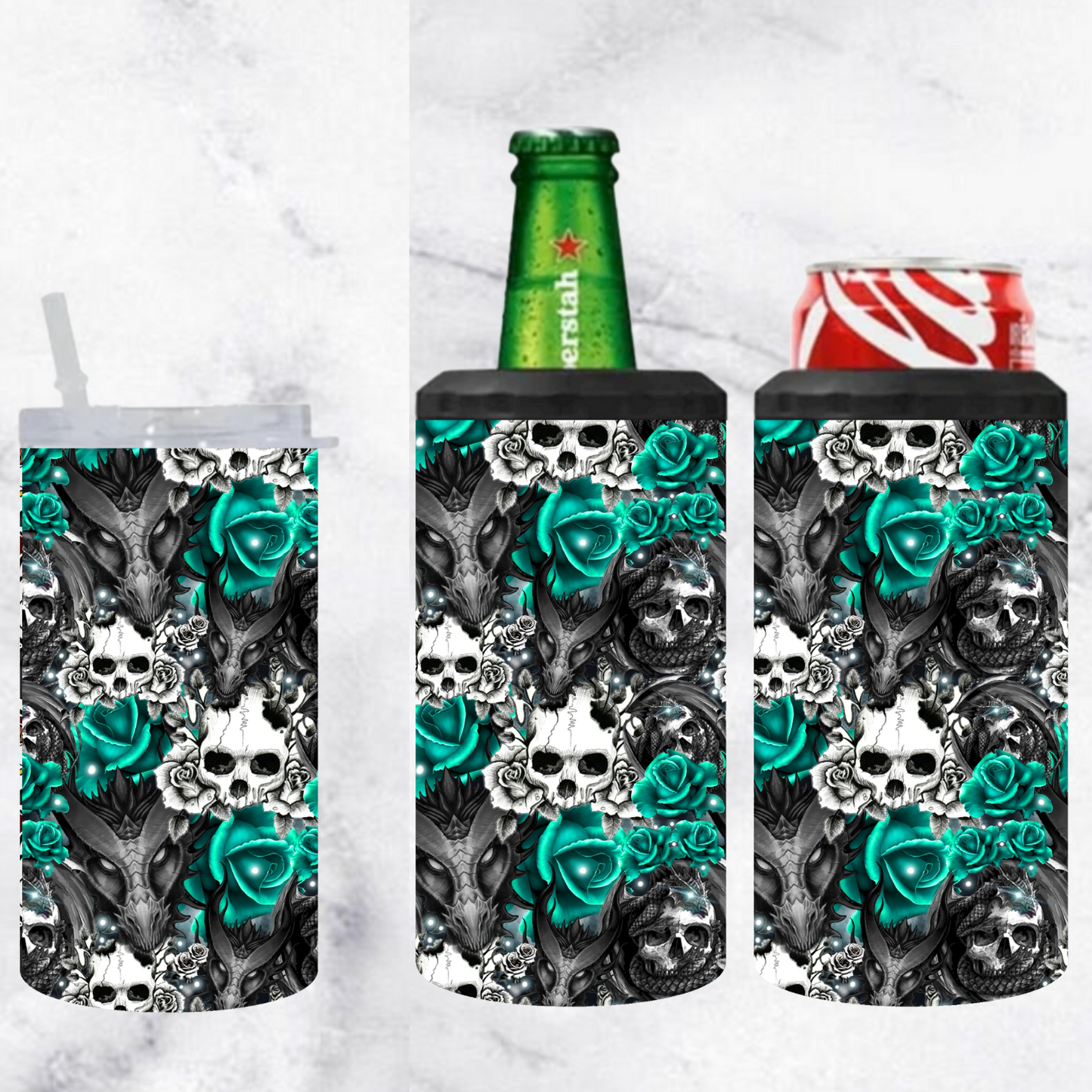 3 in 1 tumbler TEAL FLOWER SKULLS