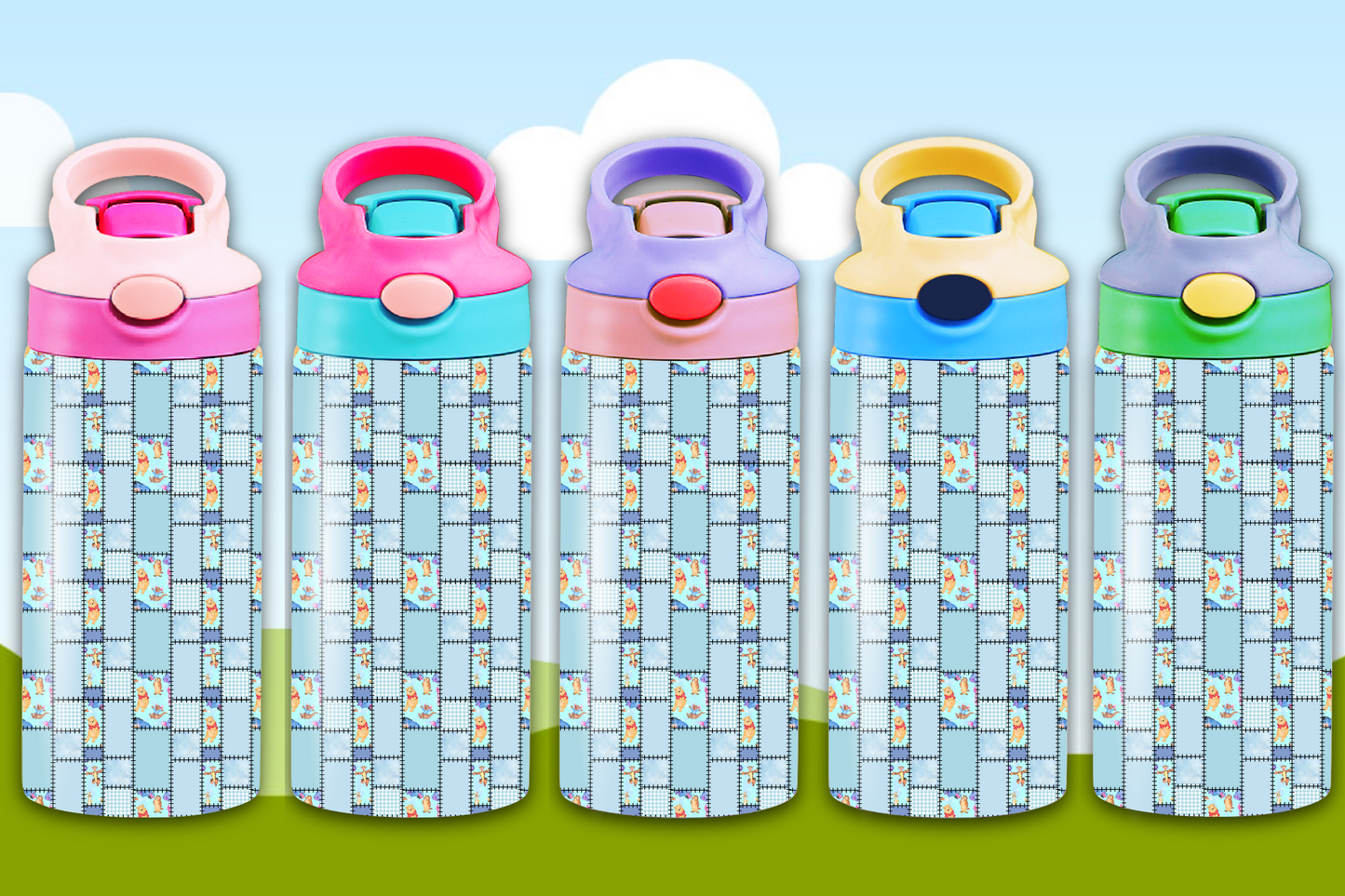 BLUE PLAID  POOH WATER BOTTLE